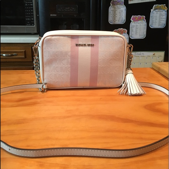 Michael Kors White Pink Stripe Signature Canvas Leather Crossbody NWOT - Picture 1 of 6
